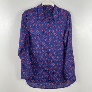 Tommy Hilfiger Womens Shirt Blue Medium Cotton Anchor Print ButtonUp Lon…